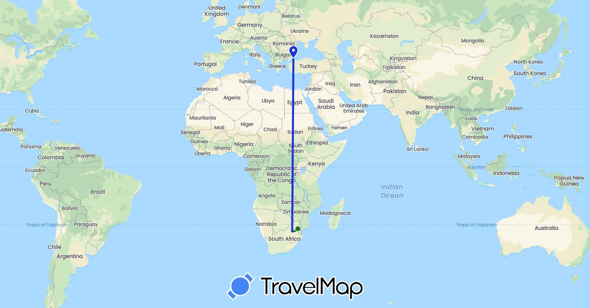 TravelMap itinerary: driving, flug, fahrt in Turkey, South Africa (Africa, Asia)